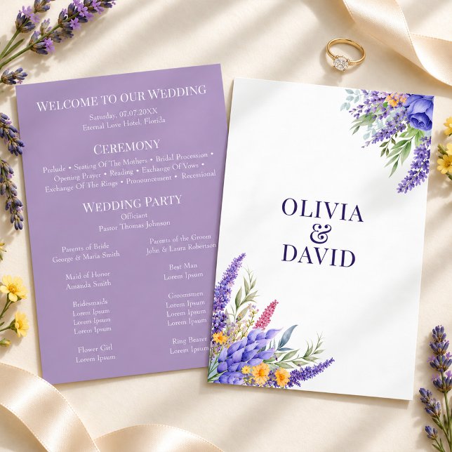 Convites Programa de Casamento de Flores Silvestres Amarelo (Boho Lilac Watercolor Wildflower Wedding Program)