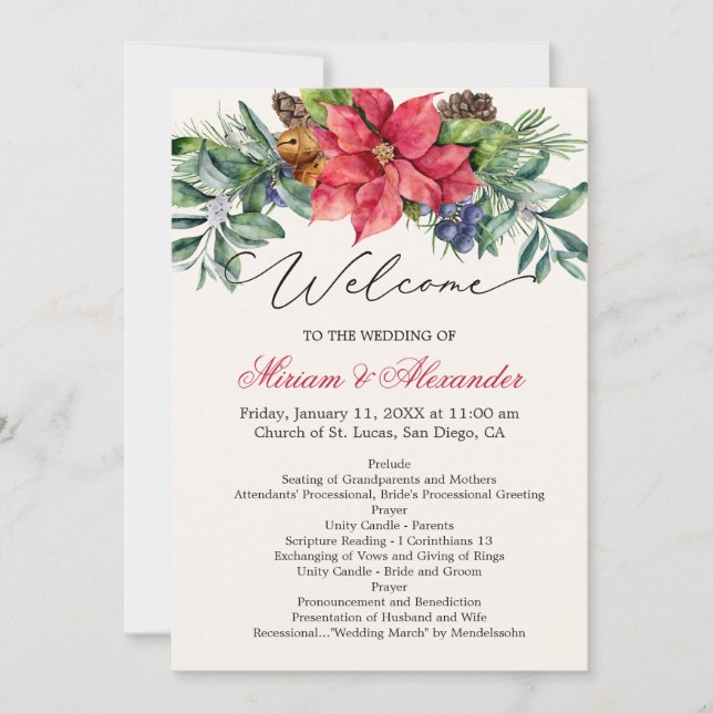 Convites Programa de Casamento de Foliage Poinsettia Greene (Frente)