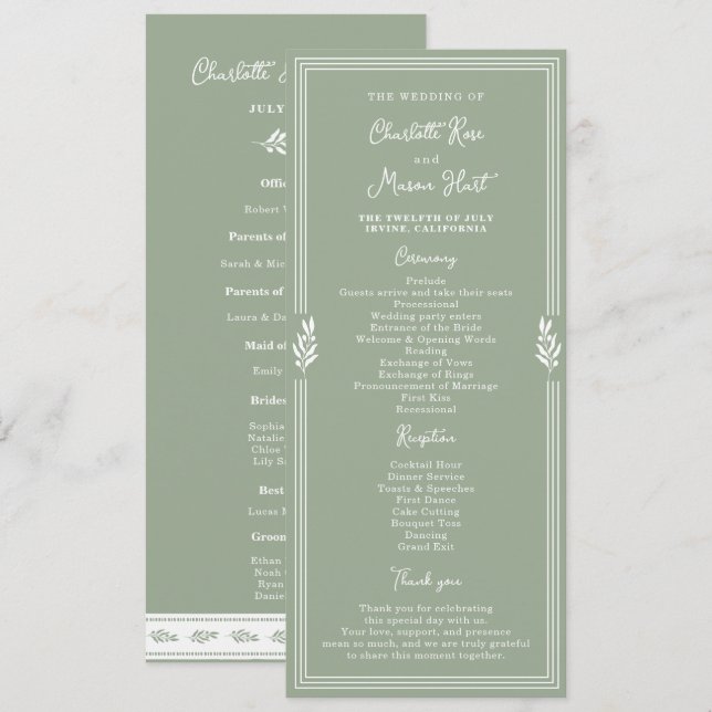 Convites Programa de Casamento de Jardim em Verde Salvia Di (Frente/Verso)