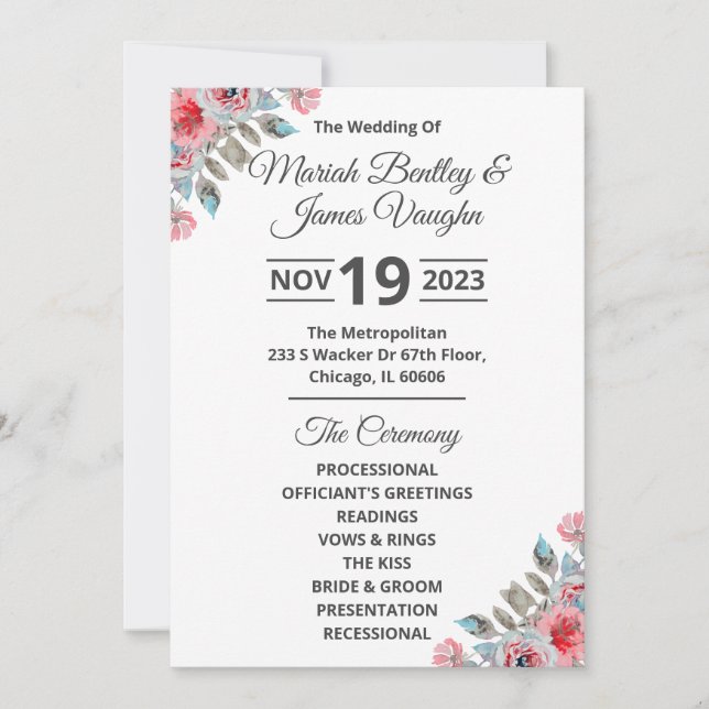 Convites Programa de Casamento de Jardim rosa (Frente)