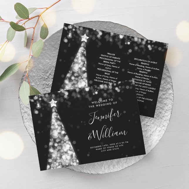 Convites Programa de Casamento de Prata de Árvore Festiva d (Festive Xmas Tree Silver Wedding Program)