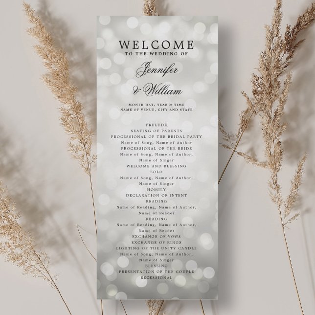 Convites Programa de Casamento de Script Clássico Luzes de  (Classic Script Wedding Program Silver Bokeh Lights)