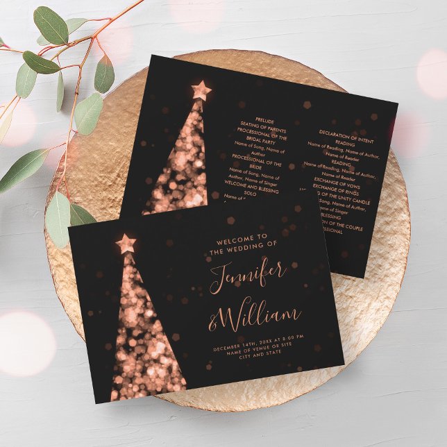 Convites Programa de Casamento Dourado da Árvore do Xmas Fe (Festive Xmas Tree Rose Gold Wedding Program)