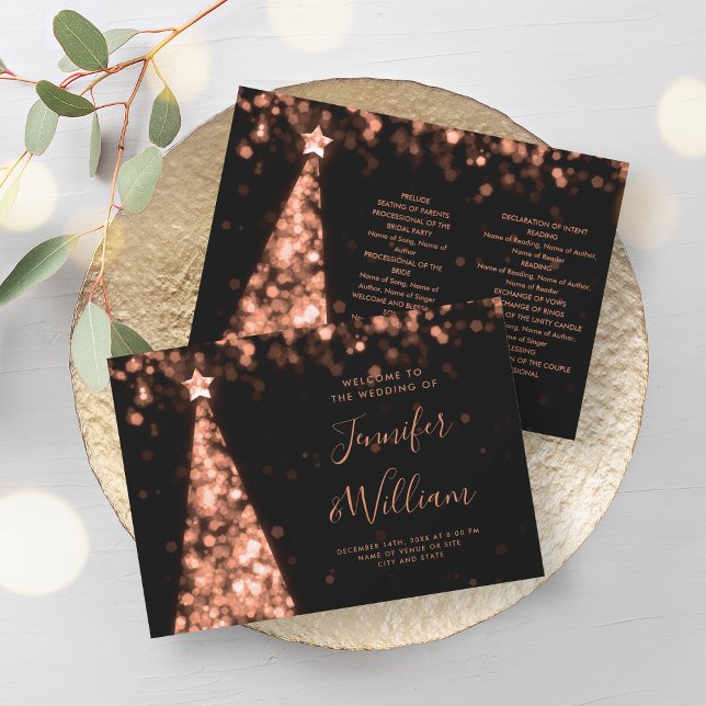 Convites Programa de Casamento Dourado da Árvore do Xmas Fe (Festive Xmas Tree Rose Gold Wedding Program)