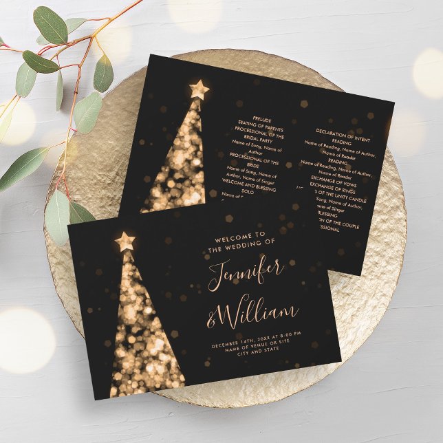 Convites Programa de Casamento Dourado de Árvore Festiva Xm (Festive Xmas Tree Gold Wedding Program)
