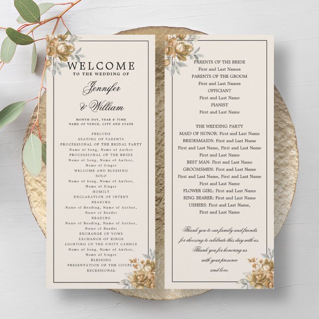 Convites Programa de Casamento Dourado Floral Rústico Natur (Wedding Program Gold Natural Rustic Floral)