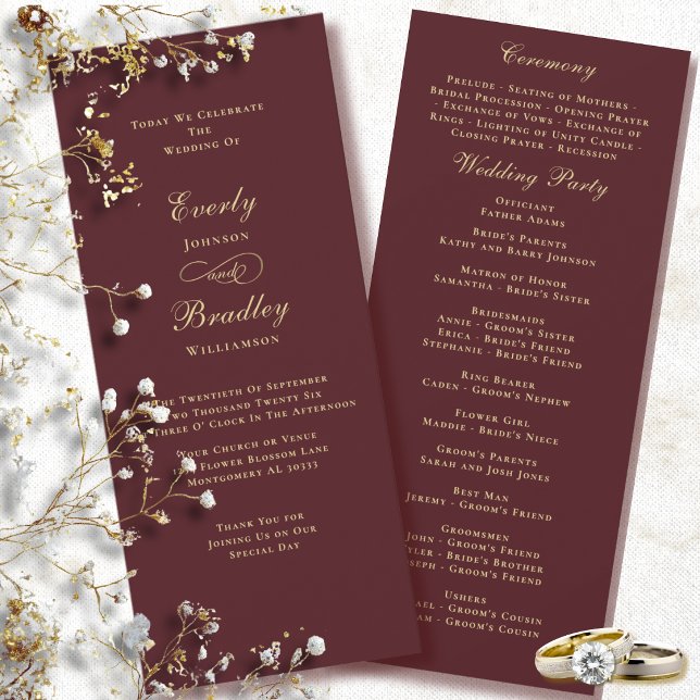 Convites Programa de Casamento Elegante com Fundo Burgundy  (Criador carregado)