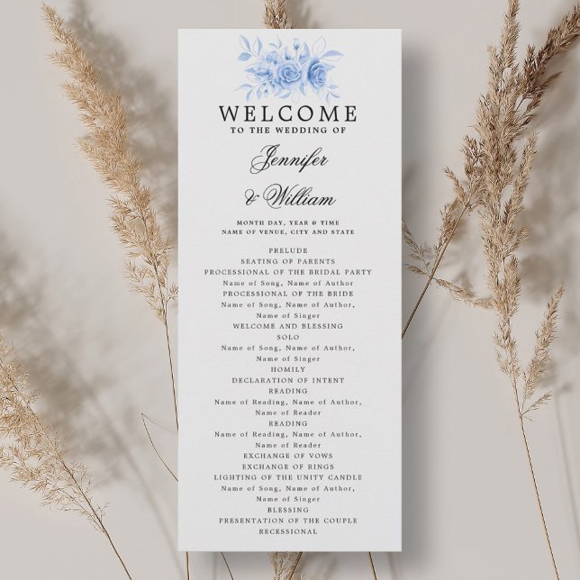Convites Programa de Casamento Elegante Marinho Blue Floral (Elegant Wedding Program Navy Blue Floral Script )