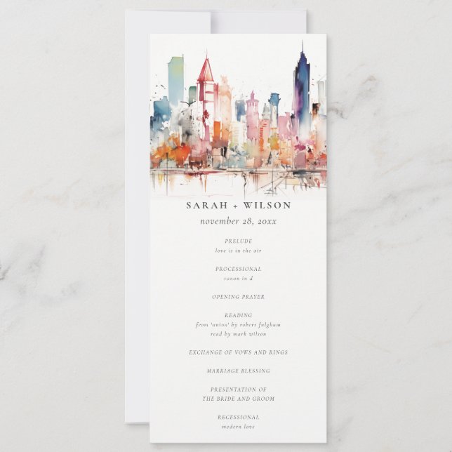 Convites Programa de Casamento em Aquarela de Chicago Illin (Frente)