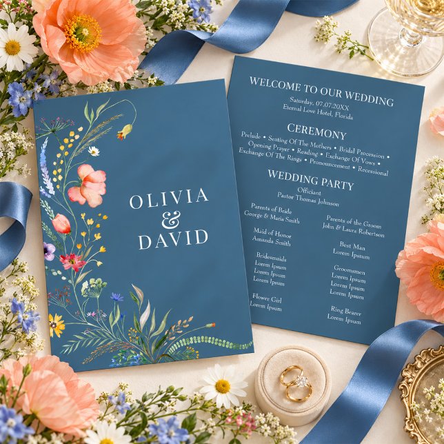 Convites Programa de Casamento em Campo de Flores Silvestre (Dusty Blue Wildflower Meadow Wedding Program)