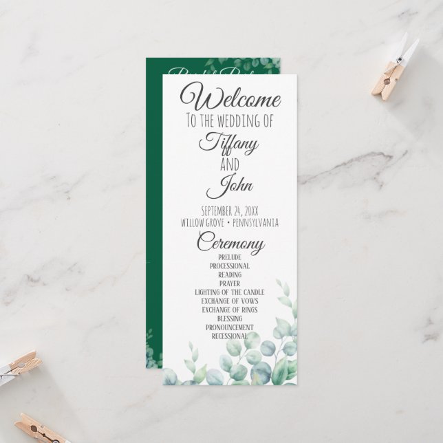 Convites Programa de Casamento em Eucalipto Verde Esmeralda (Frente/Verso In Situ)