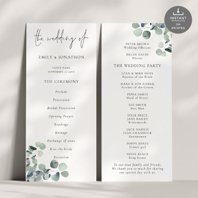Convites Programa de Casamento Eucalyptus de Script Moderno (Front and back view)