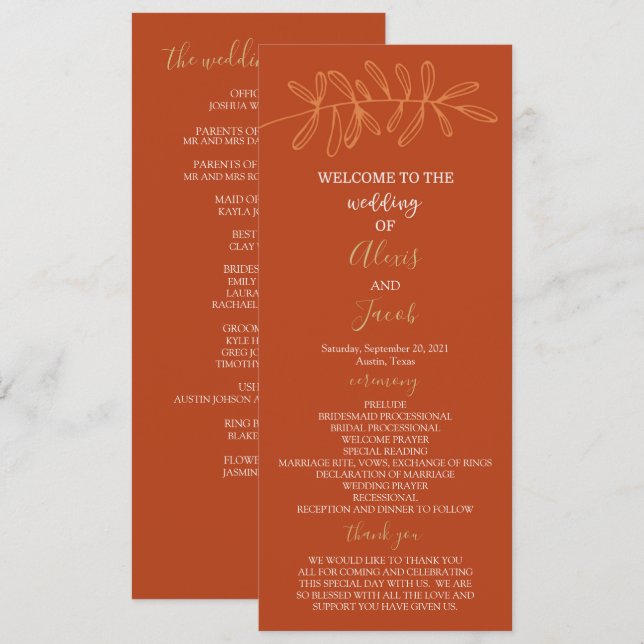 Convites Programa de Casamento - Ferrugem (Frente/Verso)