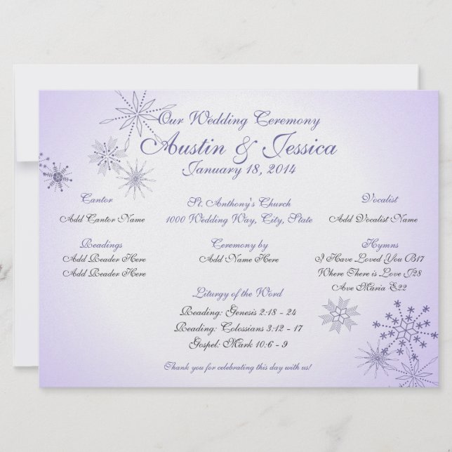 Convites Programa de Casamento Floco de Neve Violeta de Inv (Frente)