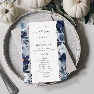 Convites Programa de Casamento Floral Azul e Marinho - Cinz