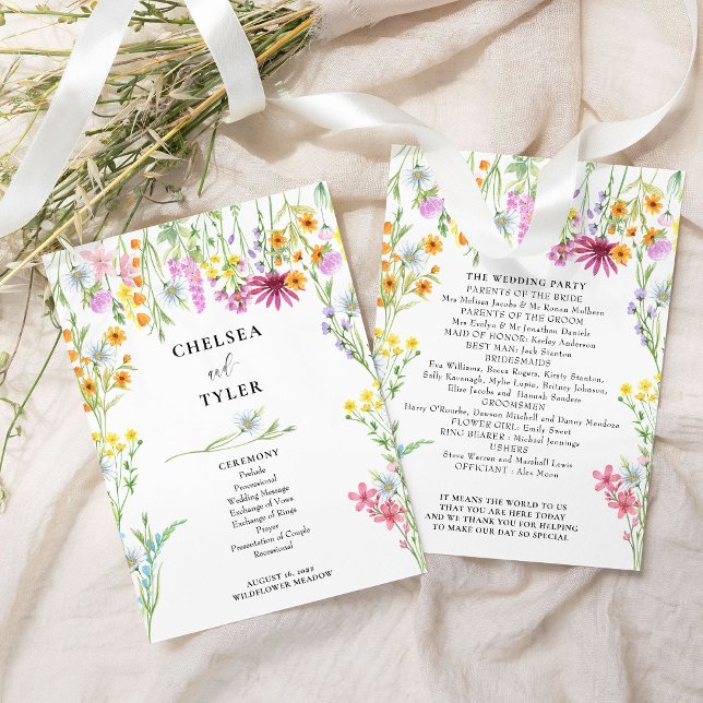 Convites Programa de Casamento Floral de Prado de Flores Si (Order of Service cards from the Wildflower Meadow wedding collection by Darling & May)