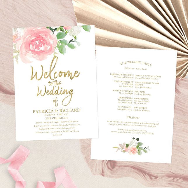 Convites Programa de Casamento Floral de Rosas Bege Rosa Do (Criador carregado)