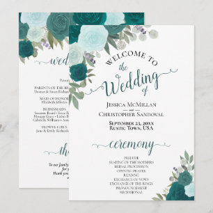 Convites Programa de Casamento Floral Elegante Teal & Aqua