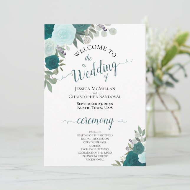 Convites Programa de Casamento Floral Elegante Teal & Aqua  (Em pé/Frente)