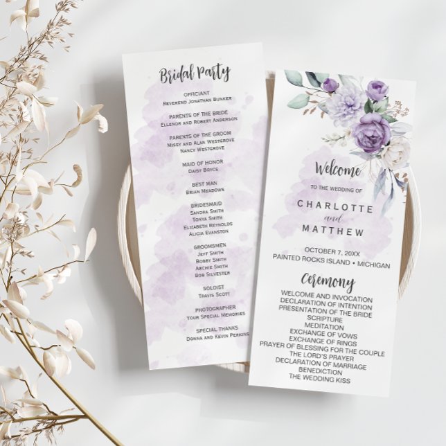 Convites Programa de Casamento Floral Peônias Lavanda Roxa (Criador carregado)