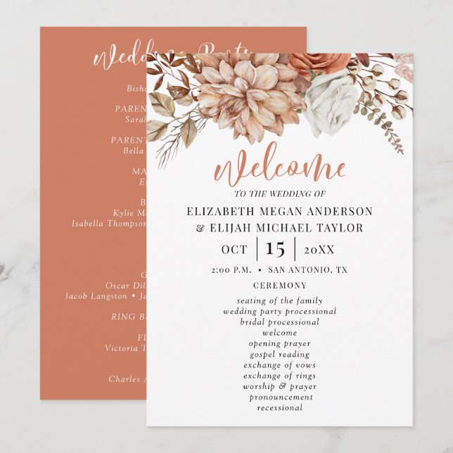 Convites Programa de Casamento Floral Terracotta (Frente/Verso)