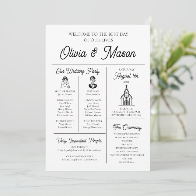 Convites Programa de Casamento Infográfico Único e Moderno  (Em pé/Frente)