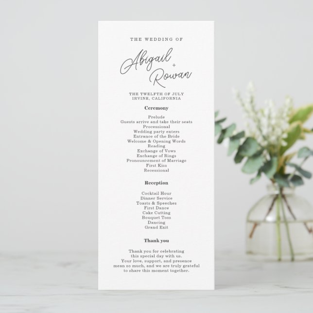 Convites Programa de Casamento Minimalista Preto e Branco (Em pé/Frente)