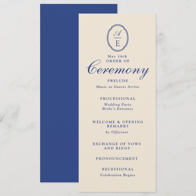 Convites Programa de Casamento Monograma Azul Francês (Frente/Verso)
