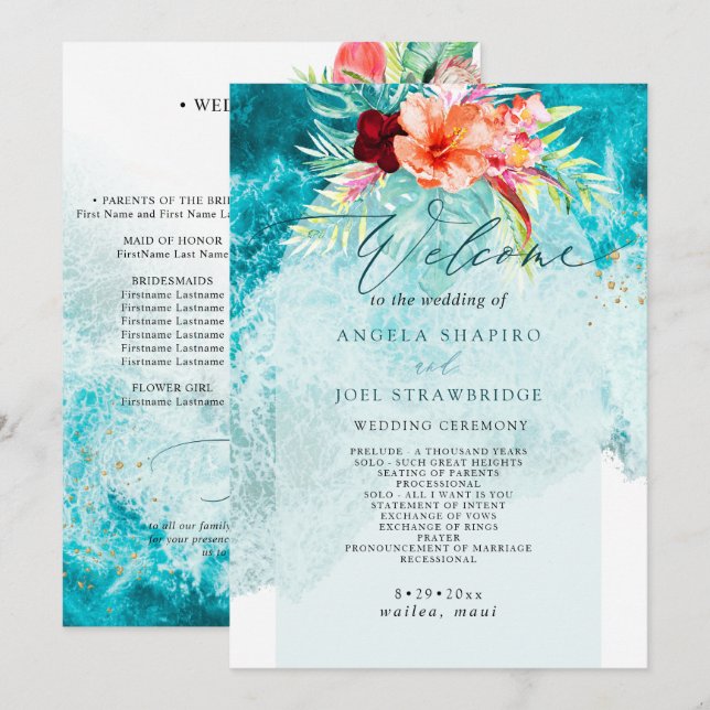 Convites Programa de Casamento na Praia do Paraíso Tropical (Frente/Verso)