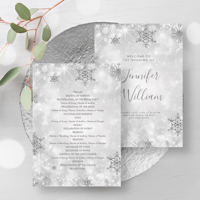 Convites Programa de Casamento no inverno de Prata Festiva  (Festive Sparkle Silver Winter Wedding Program)