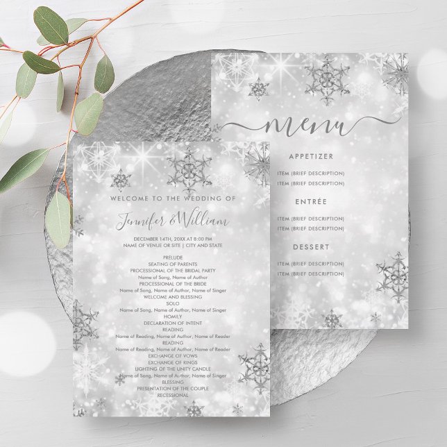 Convites Programa de Casamento no inverno de Prata Festiva (Festive Silver Winter Wedding Menu Program)