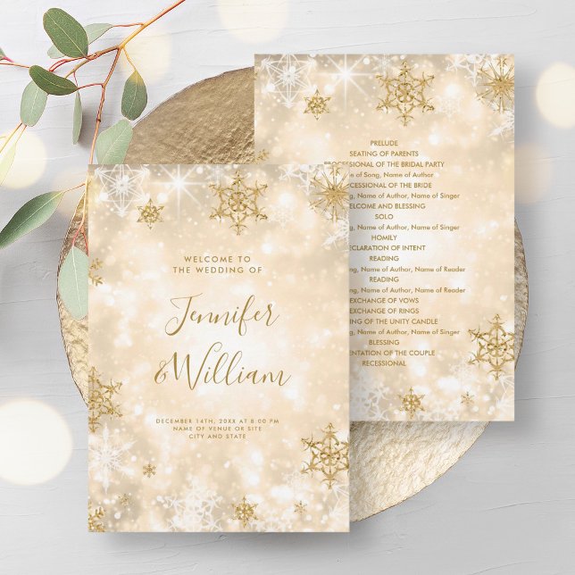 Convites Programa de Casamento no inverno Dourado Festivo S (Festive Sparkle Gold Winter Wedding Program)