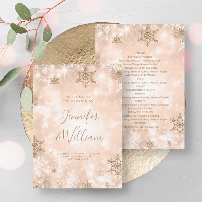 Convites Programa de Casamento no inverno Dourado Festivo S (Festive Sparkle Rose Gold Winter Wedding Program)