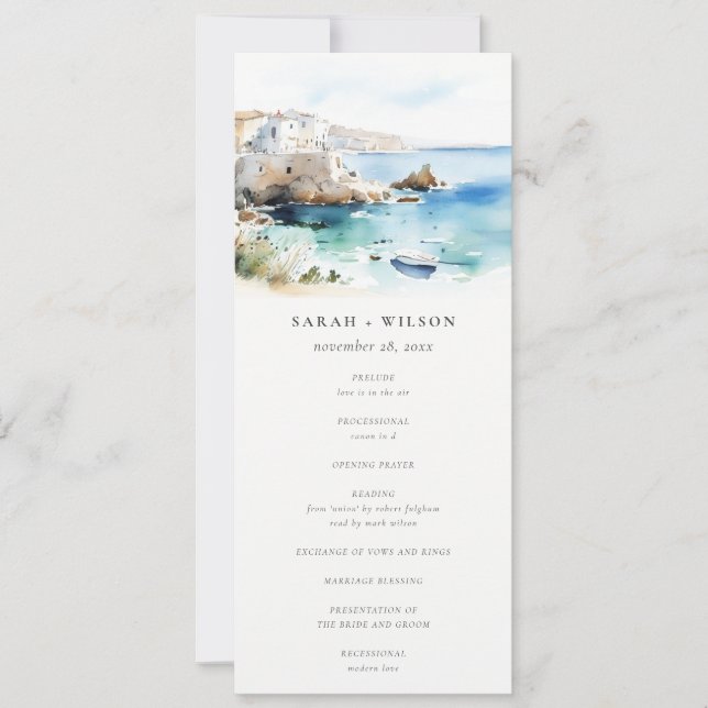 Convites Programa de Casamento Paisagem Aquarela da Puglia, (Frente)