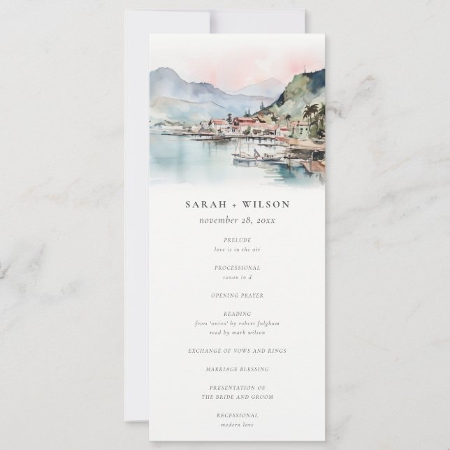Convites Programa de Casamento Paisagem Aquarela Kauai Hava (Frente)