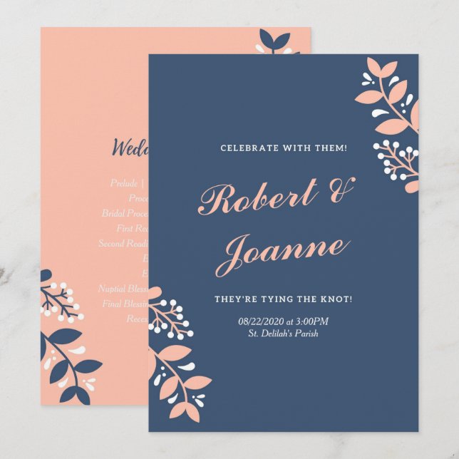 Convites Programa de Casamento Rosa Azul (Frente/Verso)