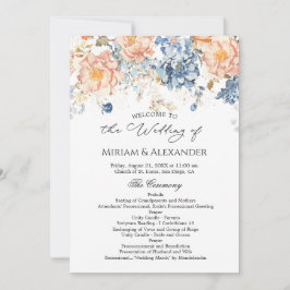 Convites Programa de Casamento Rosa Floral Azul e Pêssego