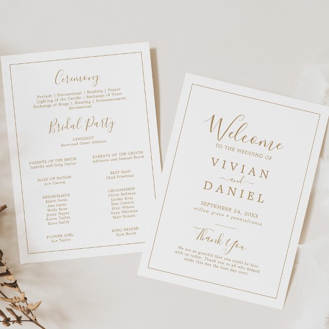 Convites Programa de Casamento Simples e Dourado Minimalist (Minimalist Gold Simple Printable Wedding Program)