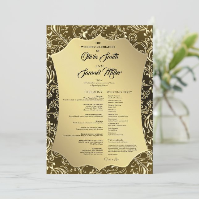 Convites Programa de Casamento tema damasco Dourado Regal B (Em pé/Frente)