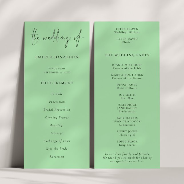 Convites Programa de Casamento Verde Caledon de Script Mode (Front and back view)