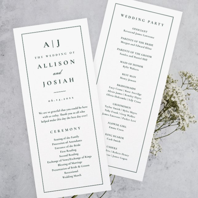 Convites Programa de Casamento Verde com Monograma Elegante (Elegant and Classic Monogram Green and White Wedding Program.)