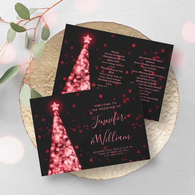 Convites Programa de Casamento Vermelho Negro Vermelho da Á (Festive Xmas Tree Red Black Wedding Program)