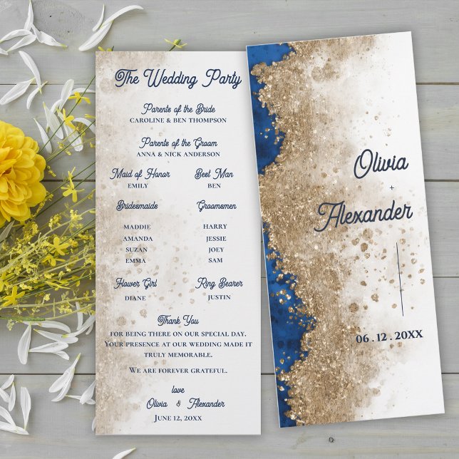 Convites Programa de Cerimônia de Casamento Abstrato Dourad (Royal Blue Gold Wedding Program Card | Elegant Formal Ceremony Program)