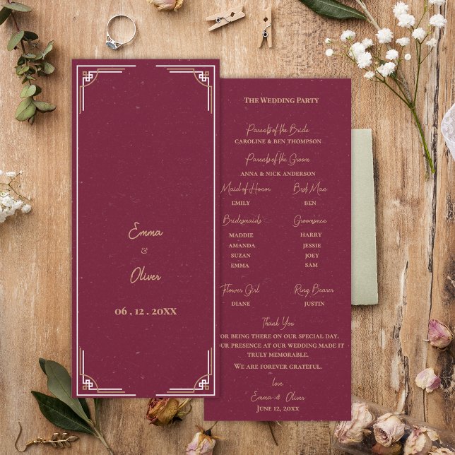 Convites Programa de Cerimônia de Casamento Art Déco em Dou (Burgundy Gold Art Deco Wedding Program Black Tie Ceremony Program Card)