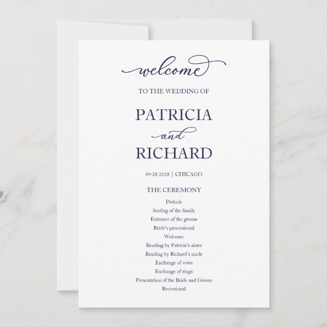Convites Programa de Cerimônia de Casamento Chic Azul Marin (Frente)