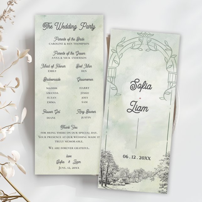 Convites Programa de Cerimônia de Casamento com Arco de Jar (Sage Green Garden Arch Wedding Program | Elegant Botanical Ceremony Card)
