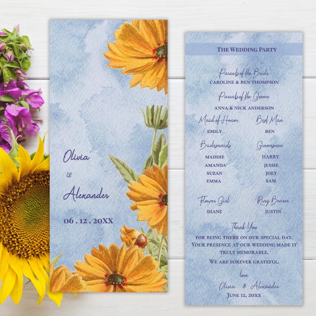 Convites Programa de Cerimônia de Casamento com Girassóis e (Watercolor Sunflower Wedding Program Card Summer Countryside Ceremony Program)