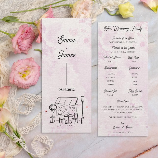 Convites Programa de Cerimônia de Casamento Desenho Café Ro (Romantic Café Sketch Wedding Ceremony Program)