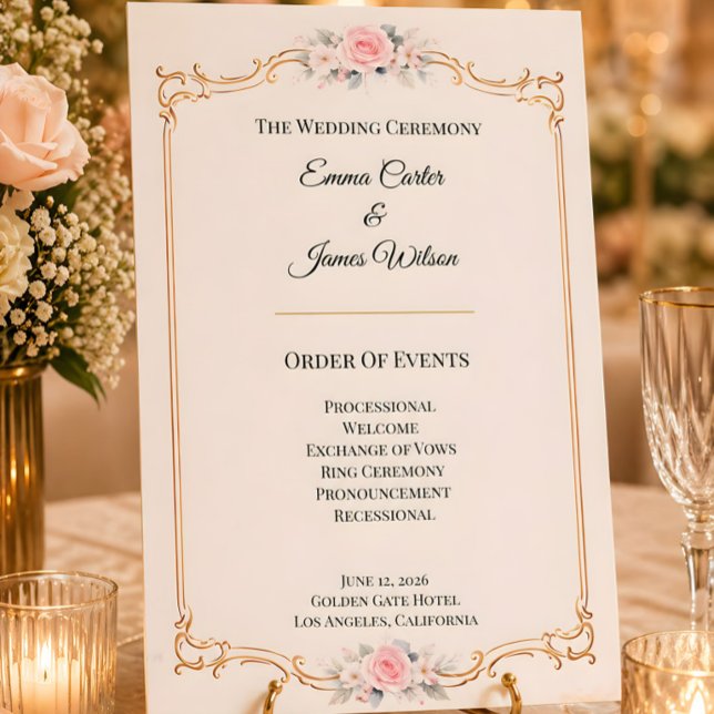Convites Programa de Cerimônia de Casamento Elegante Rosa (Rococo themed wedding order of events card)