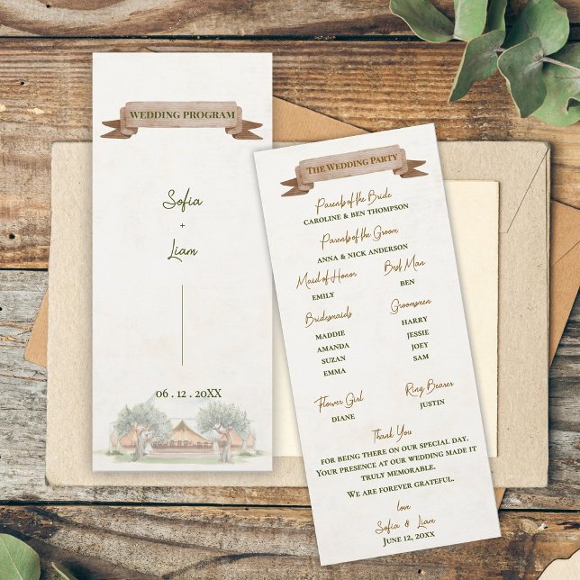 Convites Programa de Cerimônia de Casamento em Tenda Rústic (Boho Outdoor Tent Wedding Program Card | Rustic Watercolor Camp Ceremony Order of Events Card)